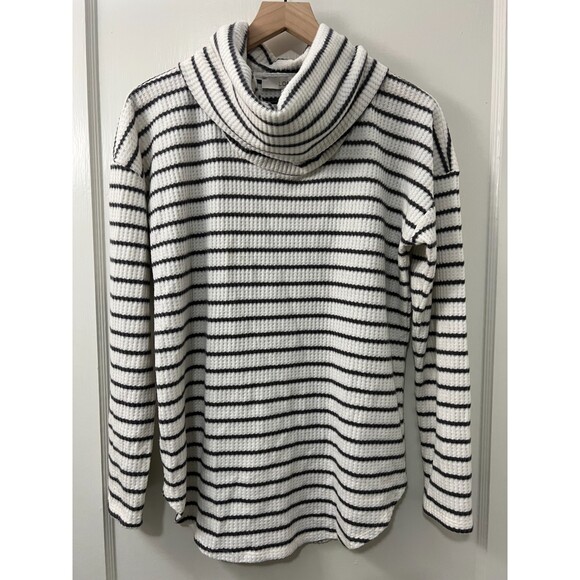Loft Waffle Knit Tunic Top Gray White Stripe Cowl Neck Long Sleeve Women's M - Picture 1 of 6